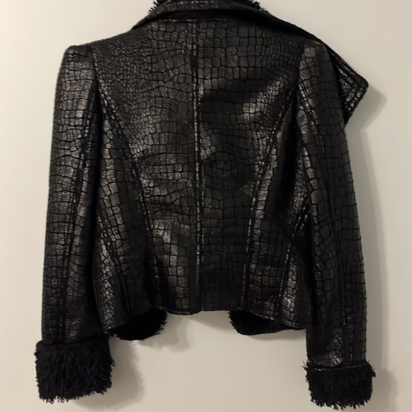 Luxury Chic Croc Print Faux Leather Moto Jacket Sherpa Trimmed/Lined XS Black - Picture 6 of 10